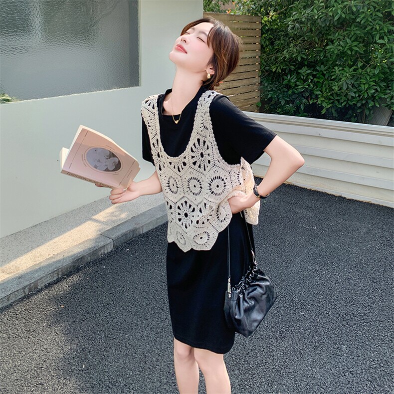 法式叠穿镂空马甲小个子2025夏季新款设计感宽松T恤裙,女装连衣裙,2C262