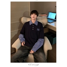 简约秋季格子拼接假两件长袖t恤休闲百搭衬衫老钱风cleanfit，男装T恤，星座813-2
