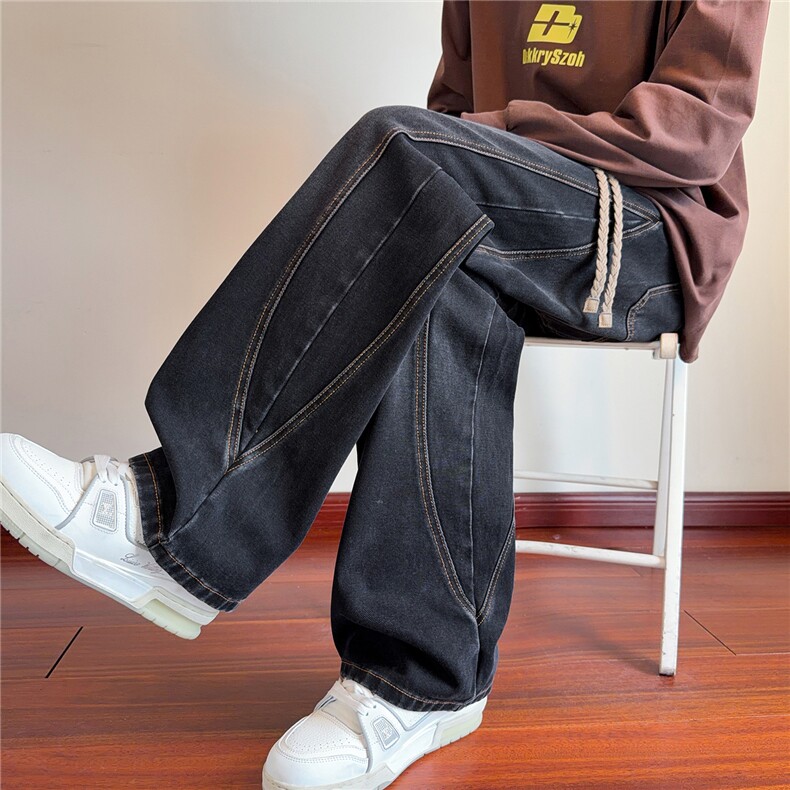 牛仔裤子男美式街头酷帅弯刀休闲长裤解构宽松阔腿裤子J8105-P50,男装牛仔裤,星座509