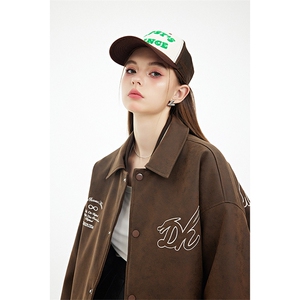 现货 三色字母PU皮棒球服外套秋冬棉服带帽可拆卸图片