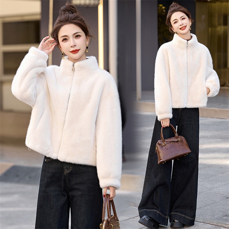 2025秋冬新款皮毛一体环保皮草外衣颗粒绒仿羊毛大衣仿羊羔绒外套，女装皮草，蓝诺裳