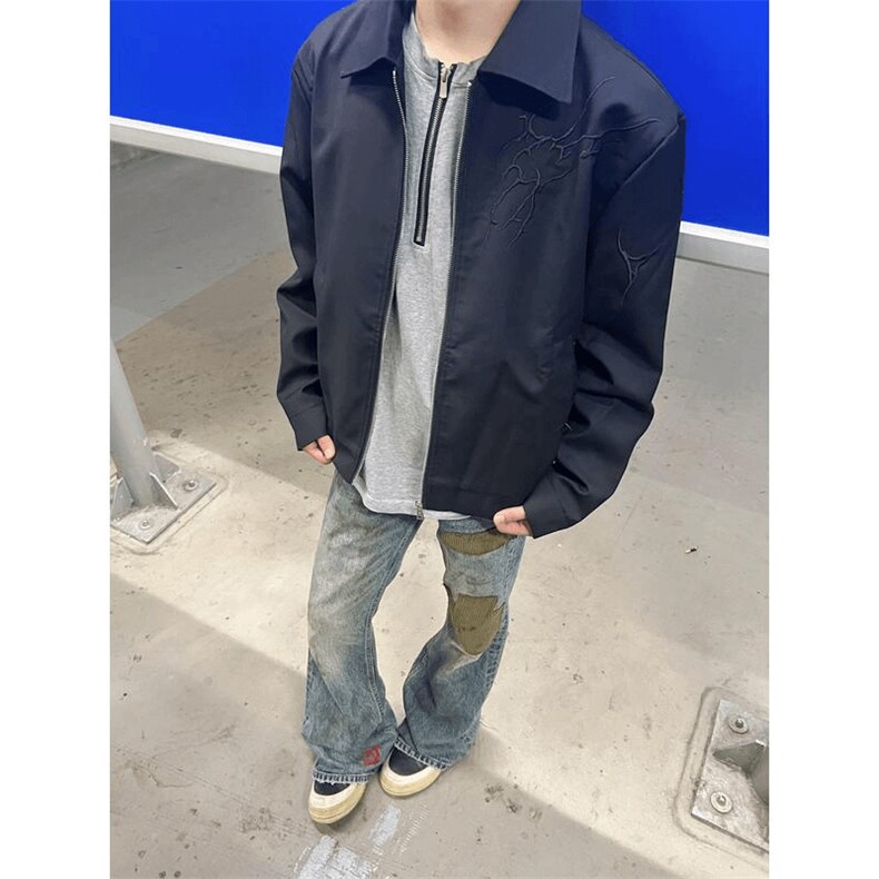 网图自制闪电纹刺绣夹克翻领外套男高街棒球服长袖夹克A768-P60，男装夹克，星座1505