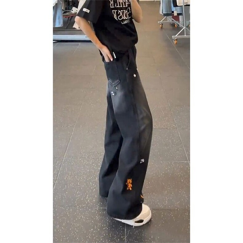 宽松卡通刺绣弯刀牛仔裤男女美式复古水洗阔腿休闲裤LK07077-P47,男装牛仔裤,星座1008