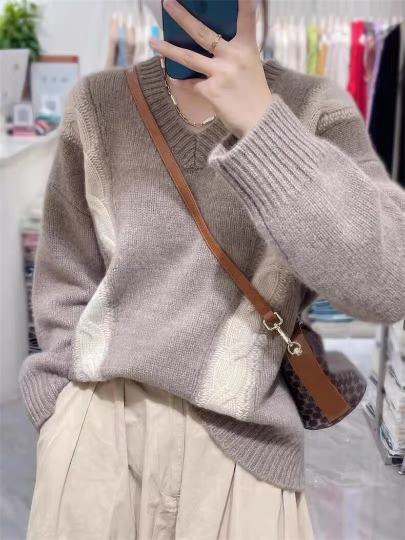 羊毛衫女款2024秋冬新款时尚毛衣宽松慵懒风撞色拼接,女装羊毛衫,思途羊绒