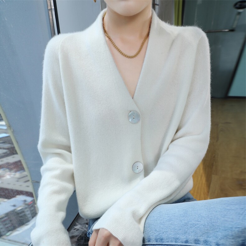 25秋冬V领100%羊毛开衫女贝壳扣针织长袖外套宽松羊绒衫外搭上衣,女装羊绒衫,昭美羊绒