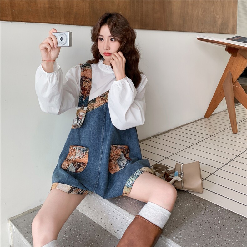 小清新牛仔提花拼拼背带裤两件套2C081-0268P165K258,女装套装/套裙,2C081