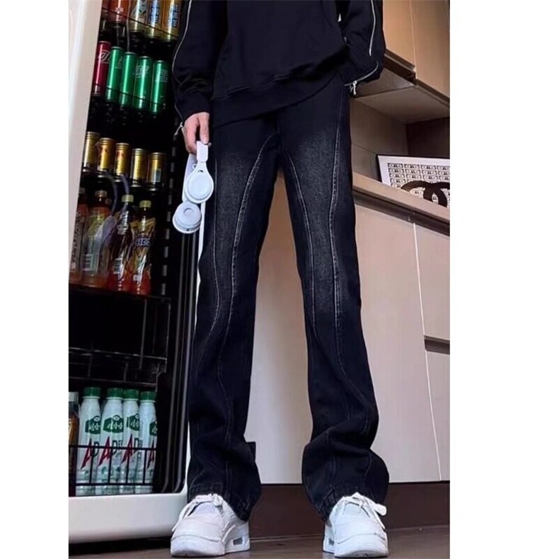 黑色拼接弯刀牛仔裤男春季美式复古vibe微喇裤子青少年修身直筒裤图片