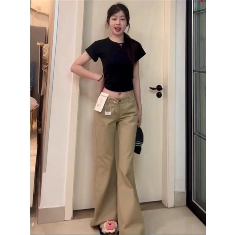 卡其色低腰微喇叭牛仔裤女xs小个子宽松阔腿显瘦藏肉休闲拖地长裤,男装牛仔裤,星座506A