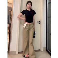 卡其色低腰微喇叭牛仔裤女xs小个子宽松阔腿显瘦藏肉休闲拖地长裤，男装牛仔裤，星座506A