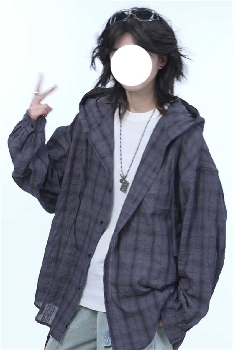 长袖衬衫男生夏季青少年连帽格子高级感防晒衬衣宽松垂感休闲外套图片