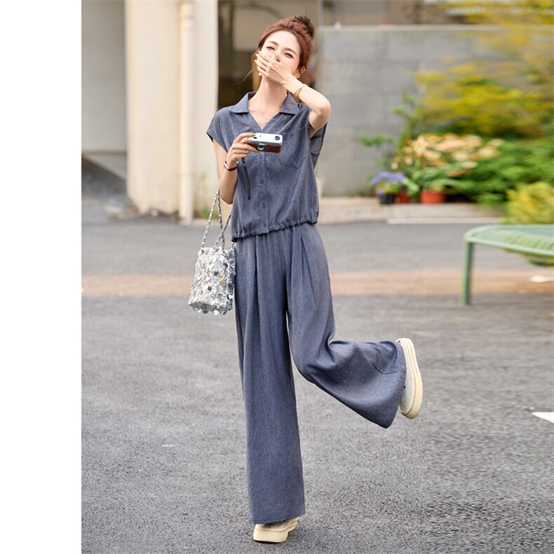 蓝色高级感韩系套装女小个子2025夏季新款V领衬衫+宽松百搭阔腿裤，女装套装/套裙，美拉德工厂直营店