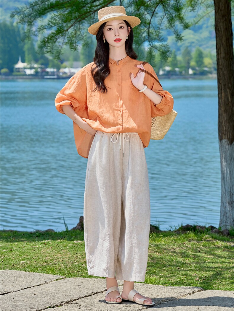 棉麻长袖套装女2026年夏季新款吸汗透气亮色翻领上衣直筒气球裤,女装套装/套裙,梦懿尔