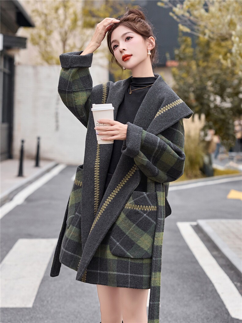 现货2025年冬季格子双面羊毛呢正反两穿刺绣定制款羊毛大衣,女装双面呢大衣,琦鑫阁（原依鑫阁）