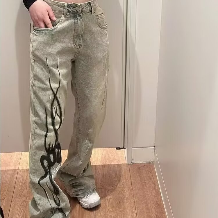 美式高街水洗做旧复古微喇叭牛仔裤男款火焰残影印花显瘦拖地裤子,男装牛仔裤,星座1210-1