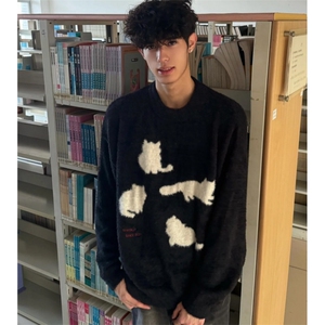 卡通猫咪海马毛针织衫男女秋冬季慵懒风字母绣花情侣毛衣-Y5201图片