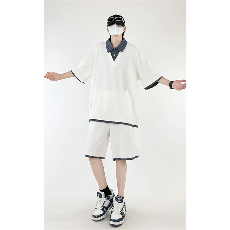 夏季宽松衬衫领假两件短袖T恤套装潮短裤XZ808B-WH071-特P55控98,男装牛仔裤,星座808B