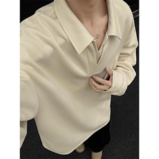 GENIOLAMODE宽松卫衣男女秋季潮牌美式v领长袖polo衫纯色百搭休闲，男装卫衣，电商A001