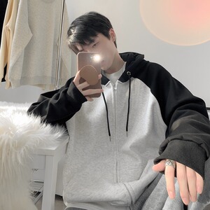 E43P65秋装男装运动衫插肩加绒银狐绒连帽卫衣外套图片