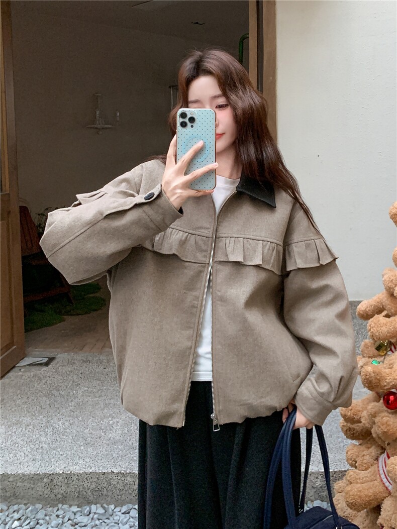 现货新款韩版时尚宽松休闲荷叶边羽绒服90绒外套女减龄白鸭绒上衣,女装派克服,韩然一族