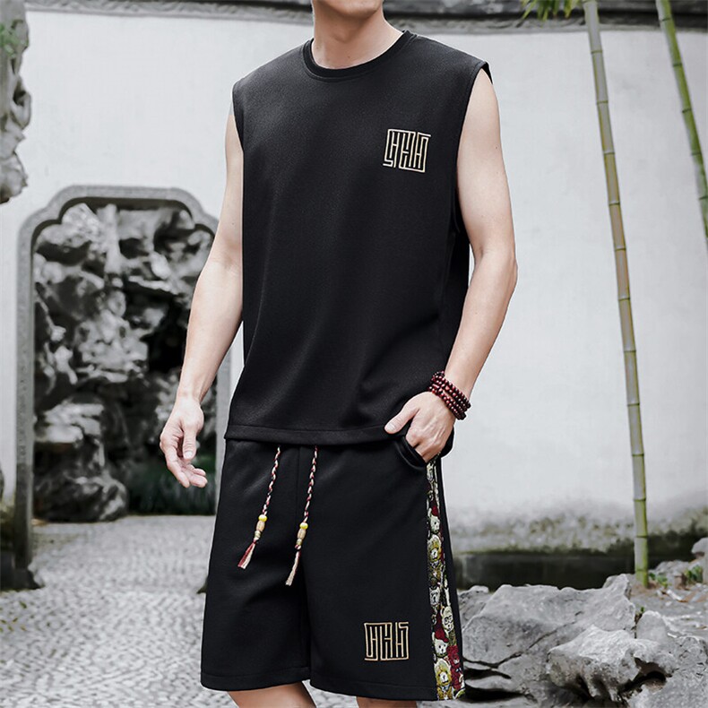 男士背心套装男刺绣休闲运动拼接短裤两件套夏季A266-TZ1107-P43,男装牛仔裤,电商A266