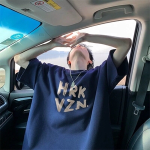 字母印花男生t恤短袖美式高街hiphop小领口半袖黑色重磅纯图片