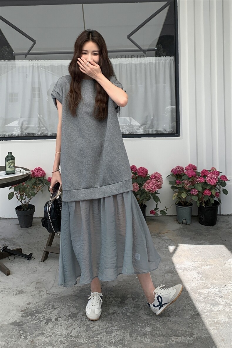 韩系灰色网纱拼接宽松连衣裙女2025夏新款时尚百搭高级感长裙女潮,女装连衣裙,2C258