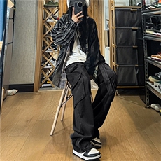 美式复古多口袋做旧工装裤女街头宽松显瘦直筒长裤潮K0202-P45，男装休闲裤，星座308B-1