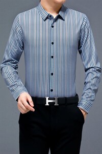 老爷车2023春秋季薄款男中老年人长袖衬衫条纹免烫秋天衬衣爸爸装图片