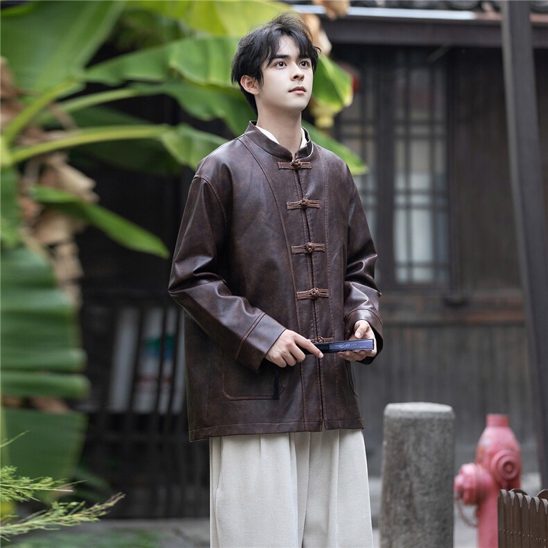 新品潮PU皮手工擦皮工艺风立领大码宽松盘扣唐装外套JK203图片