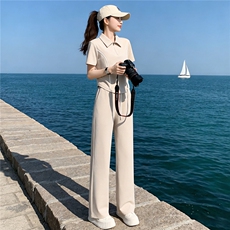 欧式简约轻奢运动套装女夏季时尚气质修身显瘦短袖上衣长裤两件套，女装套装/套裙，江南