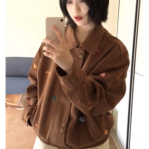 潮牌花卉刺绣小花刺绣翻领外套男女美式复古短款百搭情侣夹克图片