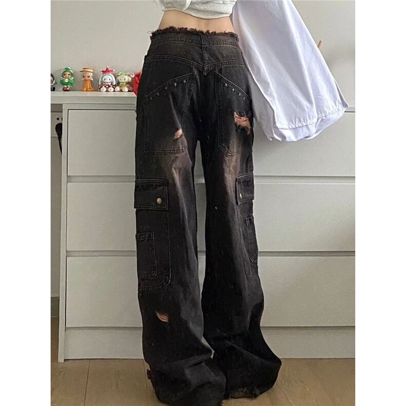 毛边黑粉潮流牛仔裤女百搭新款美式高街复古高腰宽松直筒阔腿韩版,男装牛仔裤,星座1210-1