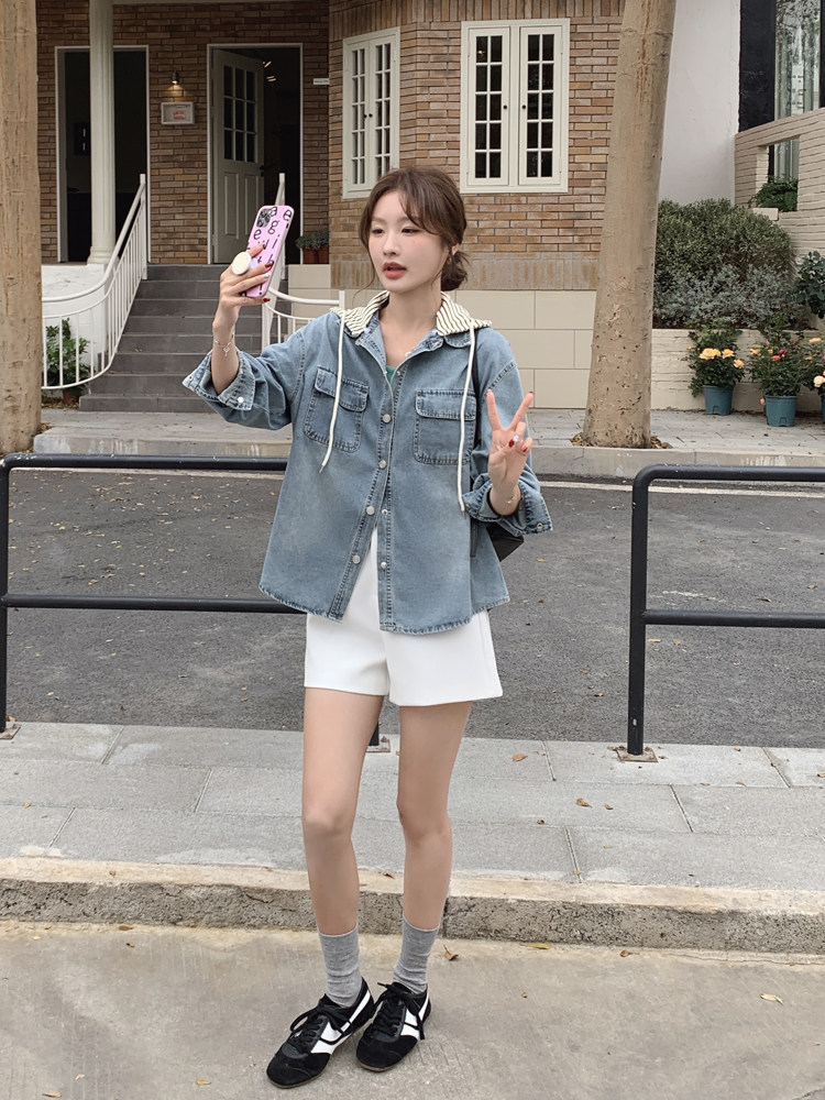 正品女装官方夏2025春季新款休闲百搭上衣复古可脱卸帽女士牛,女装短外套,豆豆家