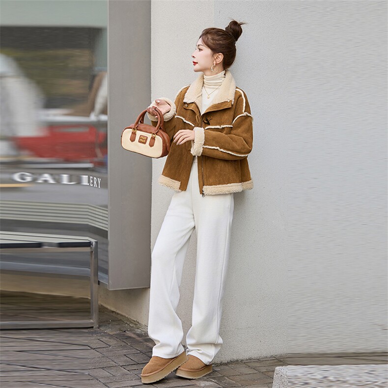 2025新款现货休闲通勤时尚皮毛一体机车服,女装短外套,自然秀