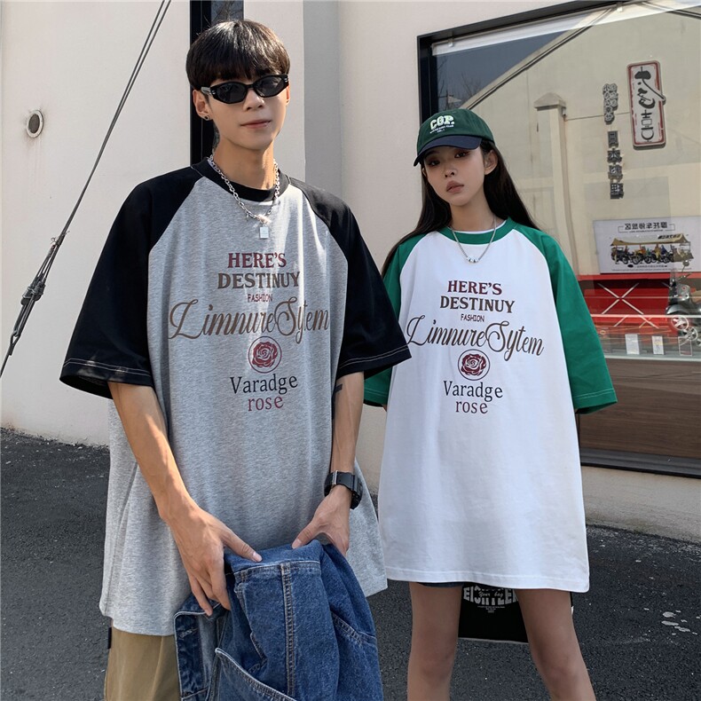 情侣装夏装拼接插肩袖情侣印花短袖T恤衫宽松上衣男G1053P35,男装T恤,电商A339