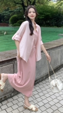 长袖衬衫针织吊带连衣裙女夏两件套2024新韩版时尚圆领套头长裙子，女装套装/套裙，鑫慧
