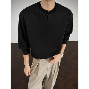 港风V领纯色长袖T恤男日系休闲宽松大码打底衫T24504-特P40控68