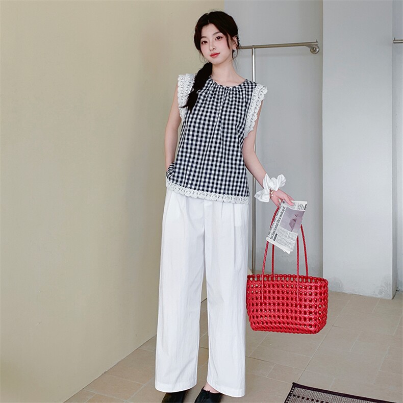 2025夏季韩系格子蕾丝拼接无袖衬衫女背心上衣长裤套装,女装套装/套裙,欧黛芙妮