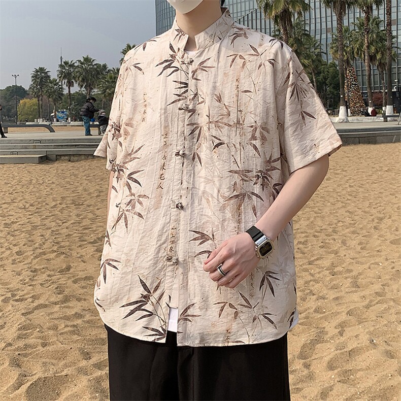 新中式夏威夷唐装花衬衫男夏季潮流风盘扣短袖衬衣7001P40,男装衬衫,电商A056