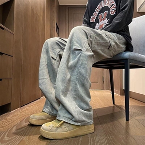 D9027-P55美式高街大口袋浅色牛仔裤男款潮流宽松百搭直筒长裤图片