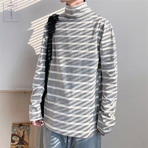 长袖T恤男士上衣潮流条纹秋冬季宽松高领衣服打底衫 T709-P35图片