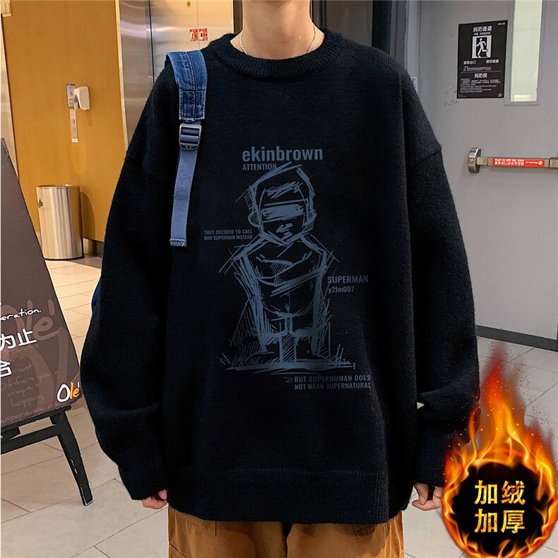 1港风长袖印花毛线毛衣男宽松休闲套头针织衫MY7463P48加绒P65，男装针织衫/毛衣，星座226-2