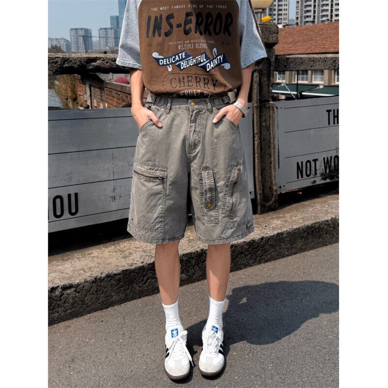 多口袋工装短裤男夏季宽松直筒休闲裤潮牌阔腿五分裤子8116P61，男装牛仔裤，星座410-2