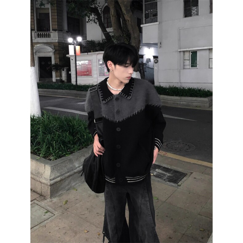 高级感开衫毛衣男秋季新款小众宽松百搭拼接翻领设计潮牌开衫外套,男装针织衫/毛衣,星座516A