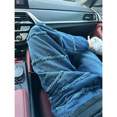 美式复古毛边牛仔裤男女阔腿直筒高街小众宽松拼接长裤K70344-p55，男装牛仔裤，星座1008