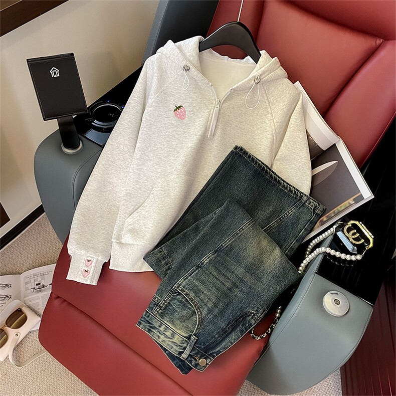 宽松慵懒风印花连帽卫衣牛仔裤两件套，女装套装/套裙，江南