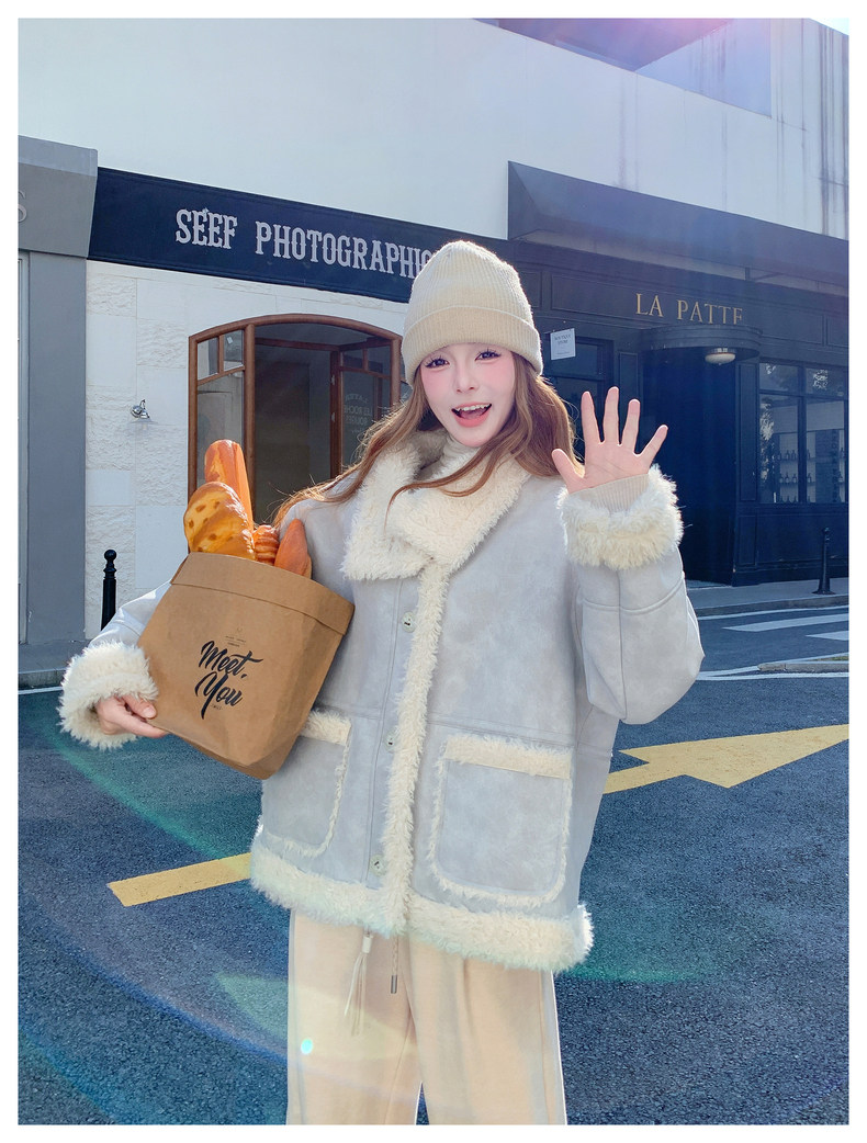 温柔软糯羊羔毛外套女冬季宽松保暖皮毛一体，女装羊羔毛/颗粒绒，浙宝106