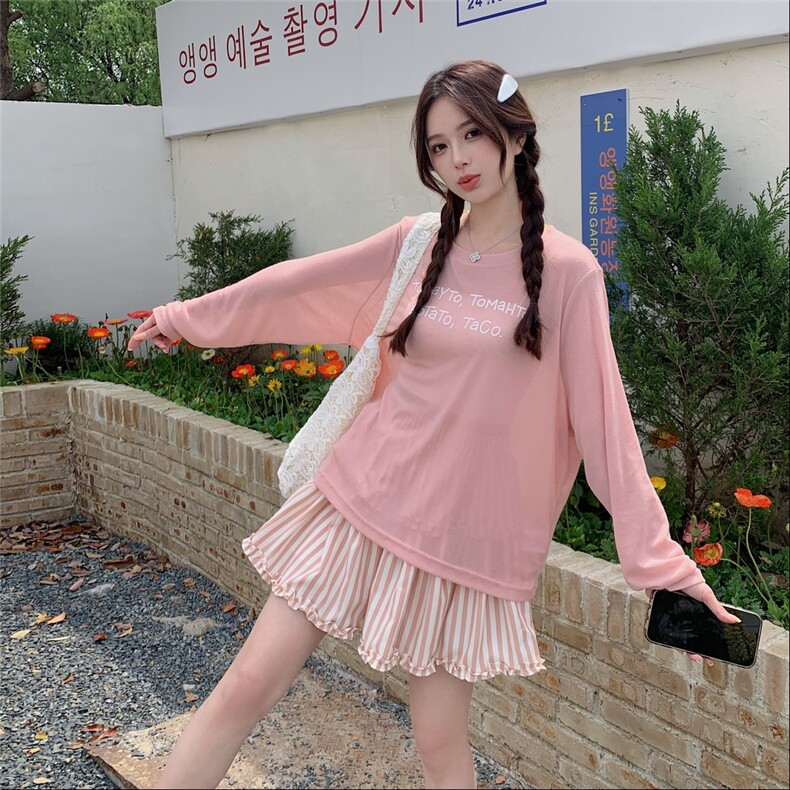 藕色甜美少女感减龄套装裙女2025夏季新款防晒上衣条纹短裙两件套,女装套装/套裙,2C135