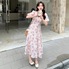 粉色法式泡泡袖连衣裙女夏季2024新款小清新超仙显瘦中长款仙女裙，女装连衣裙，天使之佳话