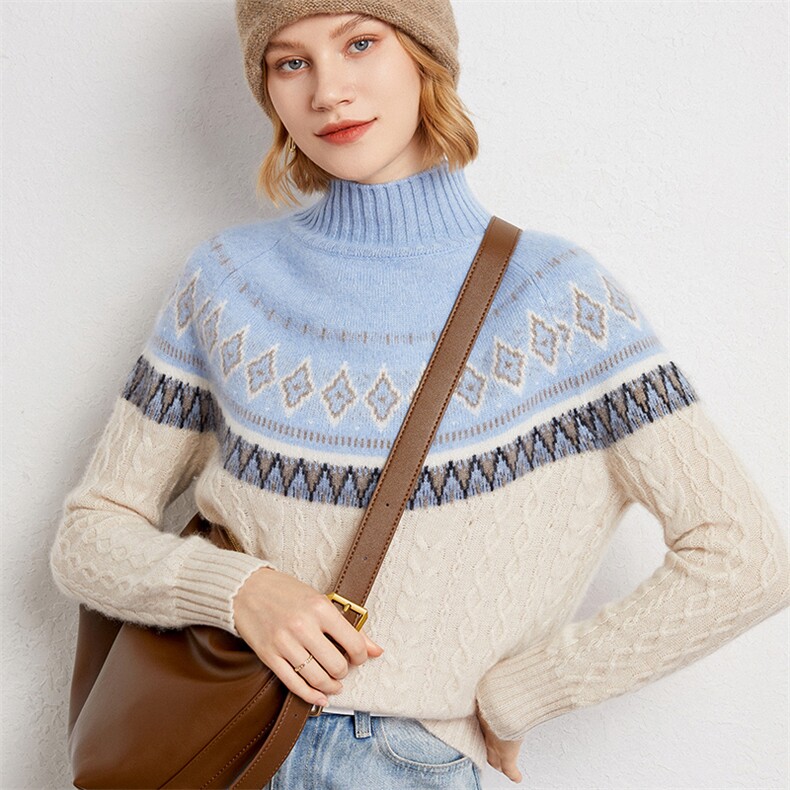 2024秋冬新款7针双股民族风羊绒衫女半高领针织提花毛衣，女装羊绒衫，纳丰羊绒